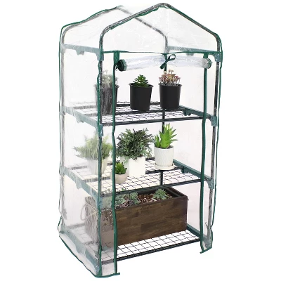 Sunnydaze Decor Sunnydaze Outdoor Portable Growing Rack 3-Tier Greenhouse With Roll-Up Door - 3 Shelves - Clear - Image 8