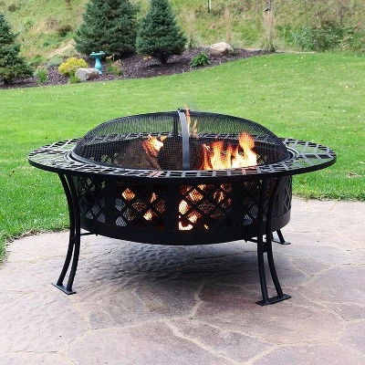 Sunnydaze Decor Sunnydaze Outdoor Camping Or Backyard Steel Diamond Weave Fire Pit Bowl With Spark Screen - 40" - Black - Image 2