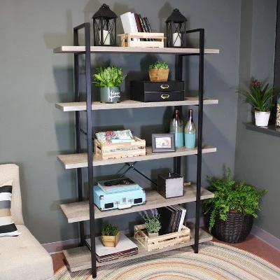 Sunnydaze Decor Sunnydaze 5 Shelf Industrial Style Freestanding Etagere Bookshelf With Wood Veneer Shelves - Image 4