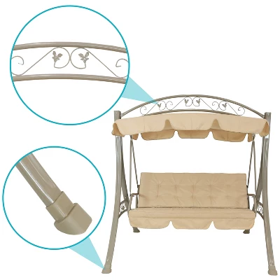 Sunnydaze Decor Sunnydaze Outdoor 3-Person Steel Patio Swing With Adjustable Canopy And Tufted Cushions, Beige - Image 4