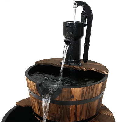 Sunnydaze Decor Sunnydaze 34"H Electric Fir Wood 2-Tier Farmhouse Barrel With Metal Decorative Hand Pump Outdoor Water Fountain - Image 2