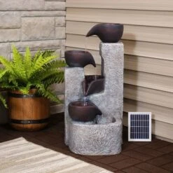 Sunnydaze Decor Sunnydaze Outdoor Polyresin Solar Powered Aged Tiered Vessels Water Fountain With Battery Backup - 29"