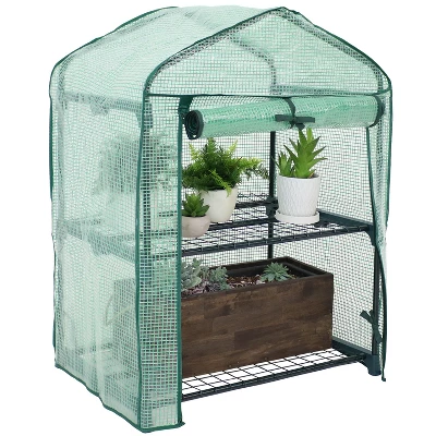 Sunnydaze Decor Sunnydaze Outdoor Portable Growing Rack 2-Tier Greenhouse With Roll-Up Door - 2 Shelves - Green - Image 9