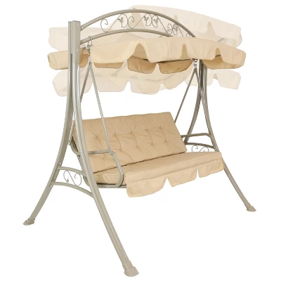Sunnydaze Decor Sunnydaze Outdoor 3-Person Steel Patio Swing With Adjustable Canopy And Tufted Cushions, Beige - Image 5
