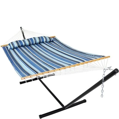 Sunnydaze Decor Sunnydaze Outdoor 2-Person Double Polyester Quilted Hammock With Wood Spreader Bar And 12ft Black Steel Stand - Image 18