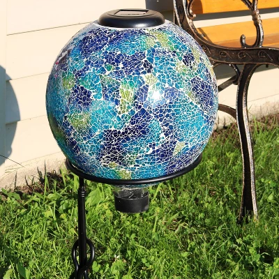 Sunnydaze Decor Sunnydaze Crackled Glass Azul Terra Design Indoor/Outdoor Garden Gazing Globe With LED Solar Light - 10" Diameter - Blue And Green
