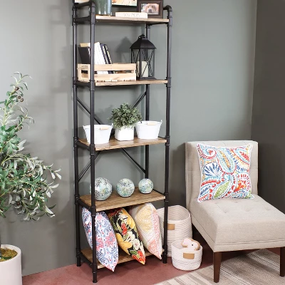 Sunnydaze Decor Sunnydaze 5 Shelf Industrial Style Pipe Frame Freestanding Bookshelf With Wood Veneer Shelves - Image 5