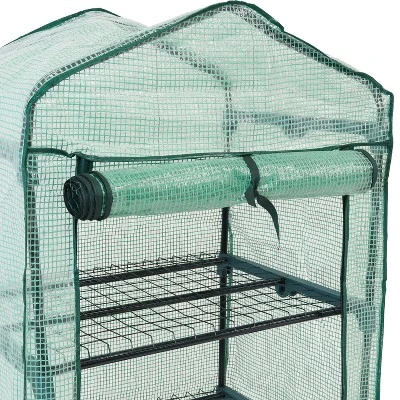 Sunnydaze Decor Sunnydaze Outdoor Portable Growing Rack 4-Tier Greenhouse With Roll-Up Door - 4 Shelves - Green - Image 2