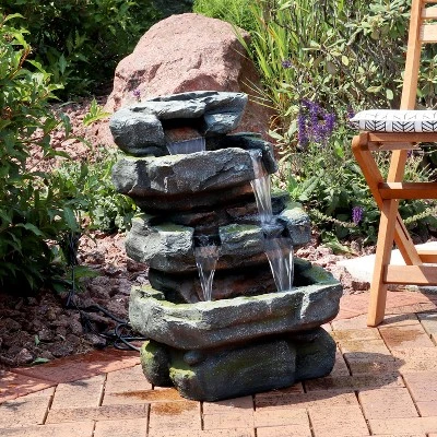 Sunnydaze Decor Sunnydaze 24"H Electric Polyresin And Fiberglass Tiered Stone Waterfall Outdoor Water Fountain With LED Lights