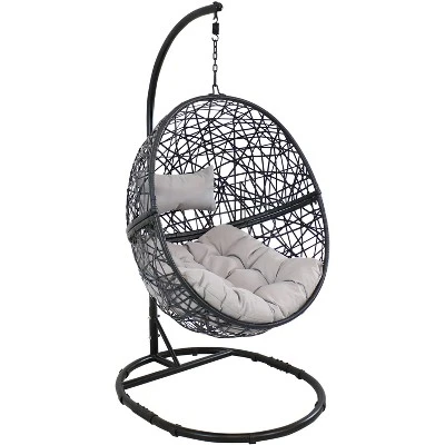 Sunnydaze Decor Sunnydaze Outdoor Resin Wicker Jackson Hanging Basket Egg Chair Swing With Cushions, Headrest, And Steel Stand Set - 3pc - Image 8