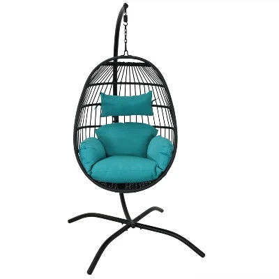 Sunnydaze Decor Sunnydaze Outdoor Resin Wicker Patio Dalia Hanging Basket Egg Chair With Cushions, Headrest, And Steel Stand Set - Teal - 3pc - Image 7