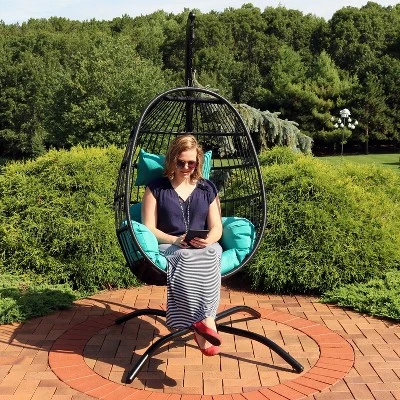 Sunnydaze Decor Sunnydaze Outdoor Resin Wicker Patio Dalia Hanging Basket Egg Chair With Cushions, Headrest, And Steel Stand Set - Teal - 3pc - Image 9