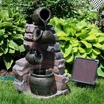 Sunnydaze Decor Sunnydaze Outdoor Polyresin Crumbling Bricks And Pots Solar Cascading Water Fountain With LED Lights And Battery Backup - 27"