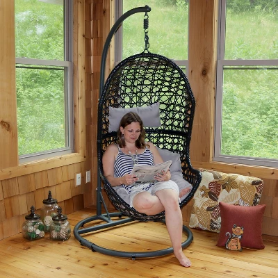 Sunnydaze Decor Sunnydaze Outdoor Resin Wicker Patio Cordelia Hanging Basket Egg Chair Swing With Cushion, Headrest, And Steel Stand Set- 3pc - Image 9