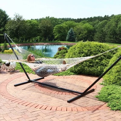 Sunnydaze Decor Sunnydaze Outdoor 2-Person Double Cotton Rope Hammock With Wood Spreader Bar And 15ft Black Steel Stand - Image 2