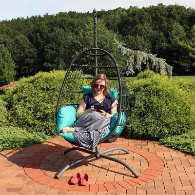 Sunnydaze Decor Sunnydaze Outdoor Resin Wicker Patio Penelope Hanging Basket Egg Chair Swing With Cushions, Headrest, And Steel Stand Set - 3pc - Image 5