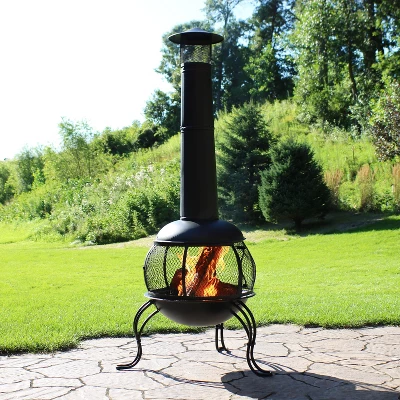 Sunnydaze Decor Sunnydaze Outdoor Backyard Patio Steel Wood-Burning Fire Pit Chiminea With Rain Cap And Mesh Sides - 66" - Black