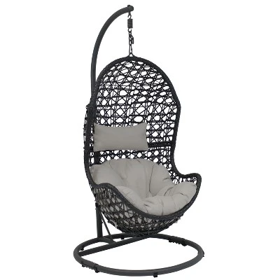 Sunnydaze Decor Sunnydaze Outdoor Resin Wicker Patio Cordelia Hanging Basket Egg Chair Swing With Cushion, Headrest, And Steel Stand Set- 3pc - Image 11