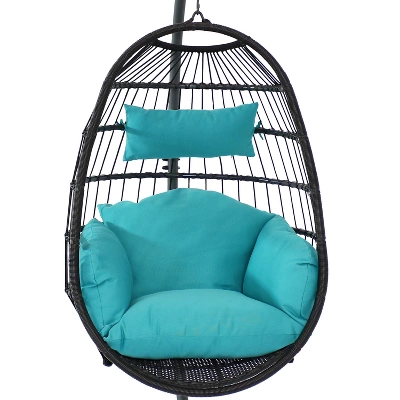 Sunnydaze Decor Sunnydaze Outdoor Resin Wicker Patio Penelope Hanging Basket Egg Chair Swing With Cushions, Headrest, And Steel Stand Set - 3pc - Image 6