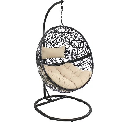 Sunnydaze Decor Sunnydaze Outdoor Resin Wicker Jackson Hanging Basket Egg Chair Swing With Cushions, Headrest, And Steel Stand Set - 3pc - Image 9