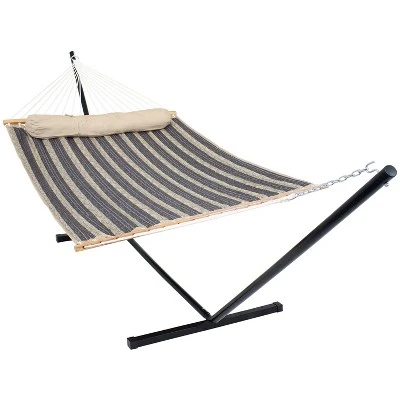 Sunnydaze Decor Sunnydaze Outdoor 2-Person Double Polyester Quilted Hammock With Wood Spreader Bar And 12ft Black Steel Stand - Image 11