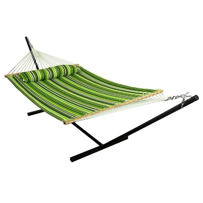 Sunnydaze Decor Sunnydaze Outdoor 2-Person Double Polyester Quilted Hammock With Wood Spreader Bar And 12ft Black Steel Stand - Image 12