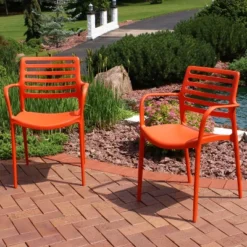 Sunnydaze Decor Sunnydaze Plastic All-Weather Commercial-Grade Astana Indoor/Outdoor Patio Dining Arm Chair, Orange, 2pk
