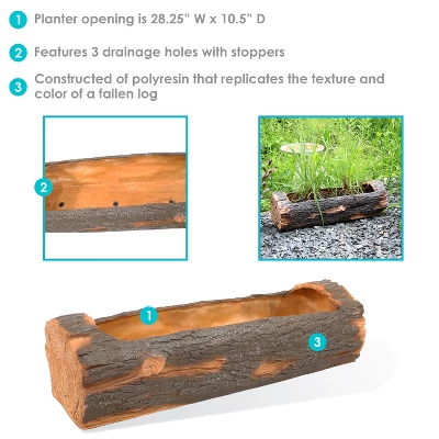 Sunnydaze Decor Sunnydaze Polyresin Decorative Outdoor Raised Rustic Log Planter For Garden, Patio, Deck, Yard, Porch And Balcony - 35" W - Brown - Image 6