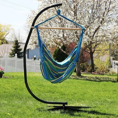 Sunnydaze Decor Sunnydaze Jumbo Extra Large Hanging Rope Hammock Chair Swing With C-Stand - 300 Lb Weight Capacity - Ocean Breeze