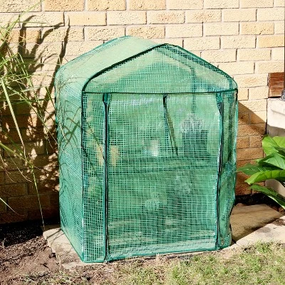 Sunnydaze Decor Sunnydaze Outdoor Portable Growing Rack 2-Tier Greenhouse With Roll-Up Door - 2 Shelves - Green - Image 8