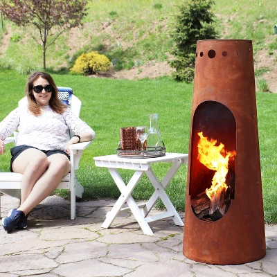 Sunnydaze Decor Sunnydaze Outdoor Backyard Patio Steel Santa Fe Wood-Burning Fire Pit Chiminea With Wood Grate - 50" - Rustic Finish - Image 6