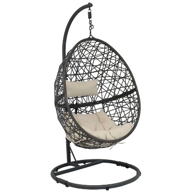 Sunnydaze Decor Sunnydaze Outdoor Resin Wicker Patio Caroline Lounge Hanging Basket Egg Chair Swing With Cushions And Steel Stand Set- 3pc - Image 9