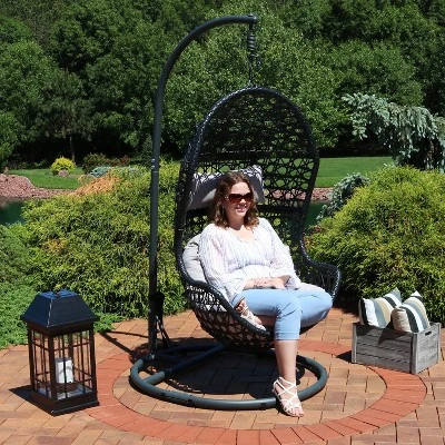 Sunnydaze Decor Sunnydaze Outdoor Resin Wicker Patio Cordelia Hanging Basket Egg Chair Swing With Cushion, Headrest, And Steel Stand Set- 3pc - Image 8