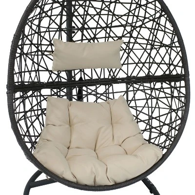 Sunnydaze Decor Sunnydaze Outdoor Resin Wicker Patio Caroline Lounge Hanging Basket Egg Chair Swing With Cushions And Steel Stand Set- 3pc - Image 6