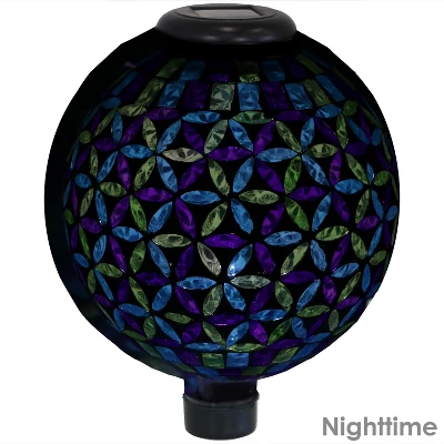 Sunnydaze Decor Sunnydaze Blue Cool Blooms Glass Mosaic Indoor/Outdoor Gazing Globe With Solar Light - 10" Diameter - Blue And Green - Image 2