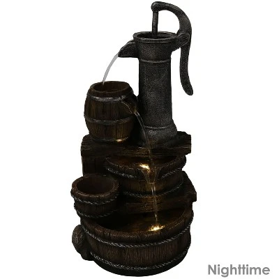 Sunnydaze Decor Sunnydaze 23"H Electric Polyresin Cozy Farmhouse Pump And Tiered Barrels Outdoor Water Fountain With LED Lights - Image 3