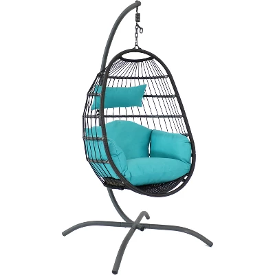 Sunnydaze Decor Sunnydaze Outdoor Resin Wicker Patio Penelope Hanging Basket Egg Chair Swing With Cushions, Headrest, And Steel Stand Set - 3pc - Image 7