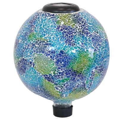 Sunnydaze Decor Sunnydaze Crackled Glass Azul Terra Design Indoor/Outdoor Garden Gazing Globe With LED Solar Light - 10" Diameter - Blue And Green - Image 7