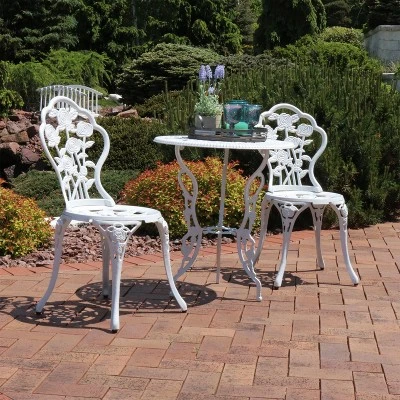 Sunnydaze Decor Sunnydaze Flower Design Cast Aluminum Bistro Set With Cast Iron Legs, White, 3pc - Image 5