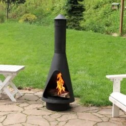 Sunnydaze Decor Sunnydaze Outdoor Backyard Patio Steel Wood-Burning Fire Pit Chiminea With Rain Cap, Wood Grate, And Fire Poker - 56" - Black