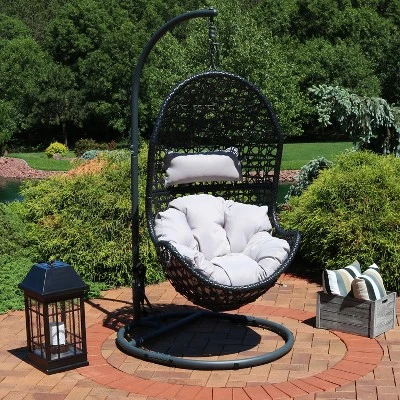 Sunnydaze Decor Sunnydaze Outdoor Resin Wicker Patio Cordelia Hanging Basket Egg Chair Swing With Cushion, Headrest, And Steel Stand Set- 3pc - Image 7