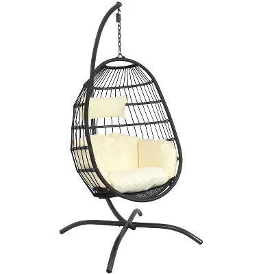 Sunnydaze Decor Sunnydaze Outdoor Resin Wicker Patio Penelope Hanging Basket Egg Chair Swing With Cushions, Headrest, And Steel Stand Set - 3pc - Image 8