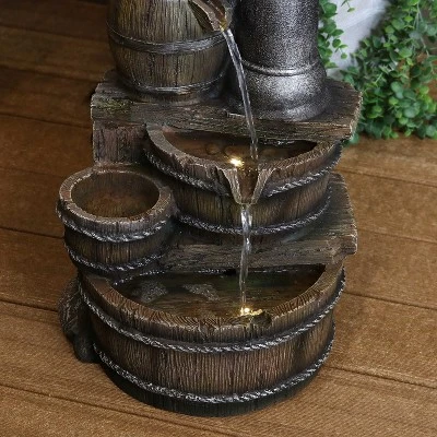 Sunnydaze Decor Sunnydaze 23"H Electric Polyresin Cozy Farmhouse Pump And Tiered Barrels Outdoor Water Fountain With LED Lights - Image 7
