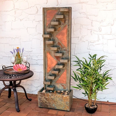 Sunnydaze Decor Sunnydaze 48"H Electric Natural Slate And Copper Accents Descending Staircase Outdoor Water Fountain With LED Light