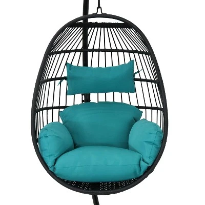 Sunnydaze Decor Sunnydaze Outdoor Resin Wicker Patio Dalia Hanging Basket Egg Chair With Cushions, Headrest, And Steel Stand Set - Teal - 3pc - Image 8