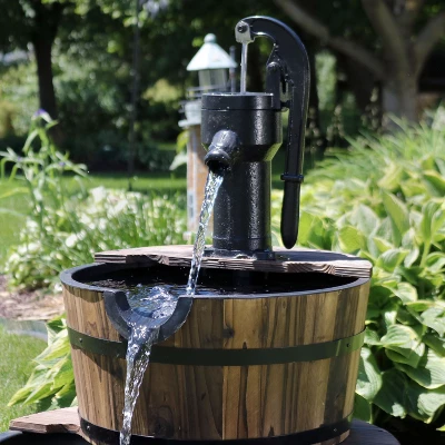 Sunnydaze Decor Sunnydaze 34"H Electric Fir Wood 2-Tier Farmhouse Barrel With Metal Decorative Hand Pump Outdoor Water Fountain - Image 8