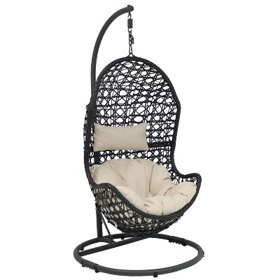 Sunnydaze Decor Sunnydaze Outdoor Resin Wicker Patio Cordelia Hanging Basket Egg Chair Swing With Cushion, Headrest, And Steel Stand Set- 3pc - Image 12
