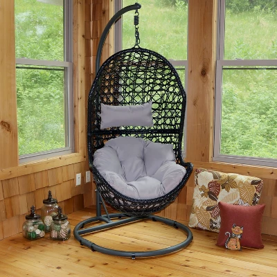 Sunnydaze Decor Sunnydaze Outdoor Resin Wicker Patio Cordelia Hanging Basket Egg Chair Swing With Cushion, Headrest, And Steel Stand Set- 3pc - Image 6
