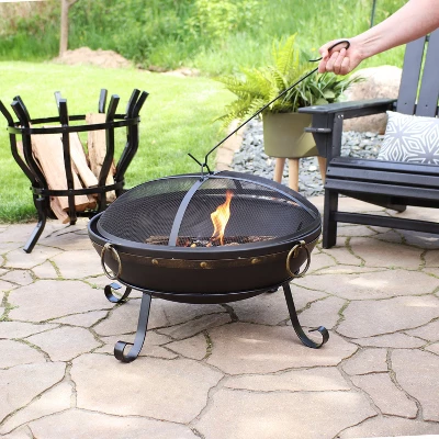 Sunnydaze Decor Sunnydaze Outdoor Camping Or Backyard Steel Victorian Fire Pit Bowl With Handles And Spark Screen - 25" - Black - Image 5