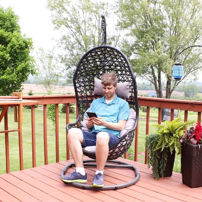 Sunnydaze Decor Sunnydaze Outdoor Resin Wicker Patio Cordelia Hanging Basket Egg Chair Swing With Cushion, Headrest, And Steel Stand Set- 3pc - Image 10